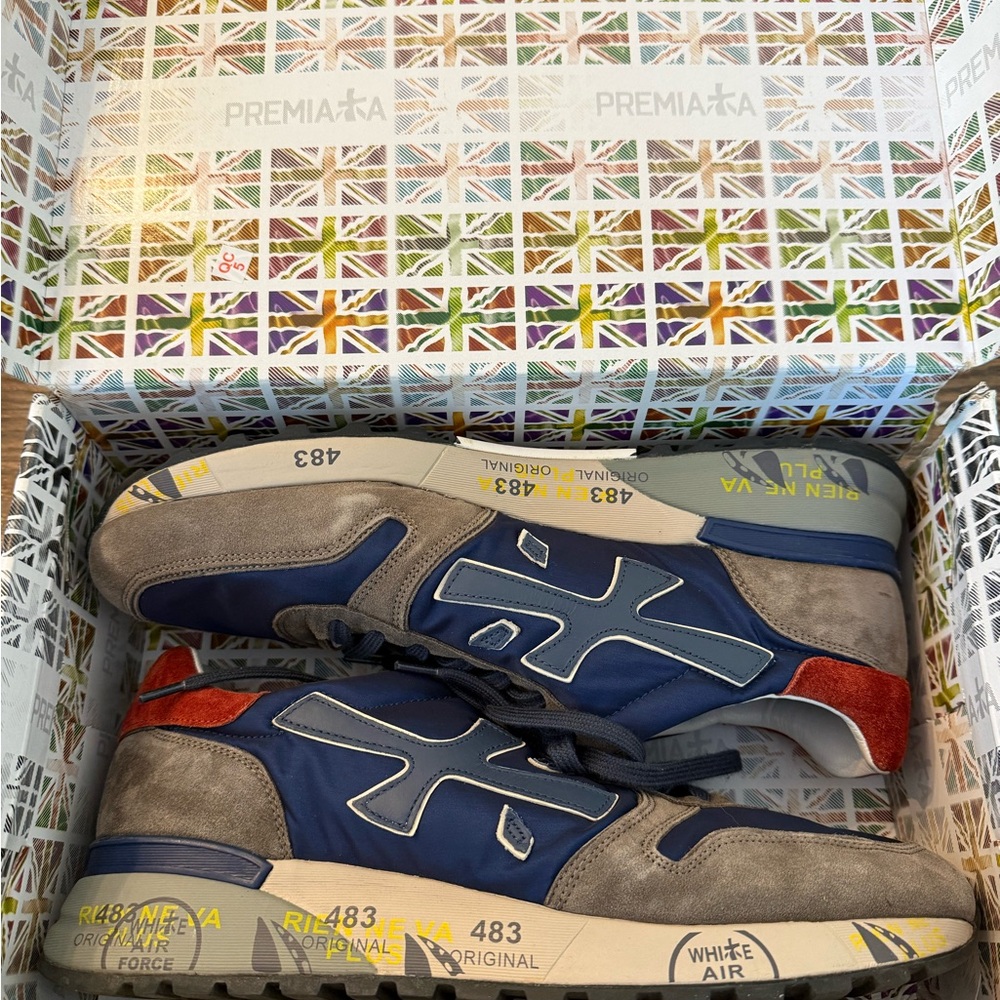 Premiata Navy and Taupe Sneakers with Red Detail